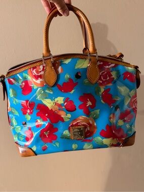 Dooney & Bourke Bright Blue Floral Patent Leather Satchel with Tan Trim